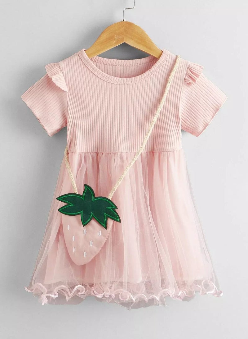 Toddler Girls Mesh Panel Strawberry Patched Dress & Bag - Image 1