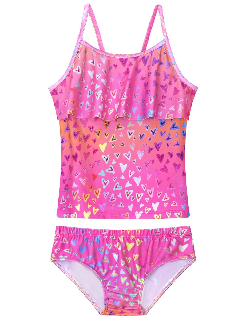 Nokecina Swimsuit for Girls Size 7-8 Years Old Pink Neon Heart 2 Pieces Ruffle Tankini Bathing Suit - Image 1