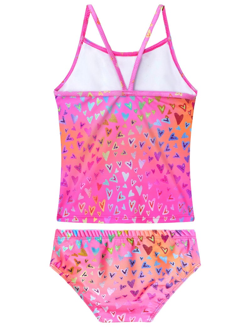 Nokecina Swimsuit for Girls Size 7-8 Years Old Pink Neon Heart 2 Pieces Ruffle Tankini Bathing Suit - Image 2