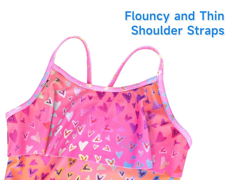Nokecina Swimsuit for Girls Size 7-8 Years Old Pink Neon Heart 2 Pieces Ruffle Tankini Bathing Suit - Image 3