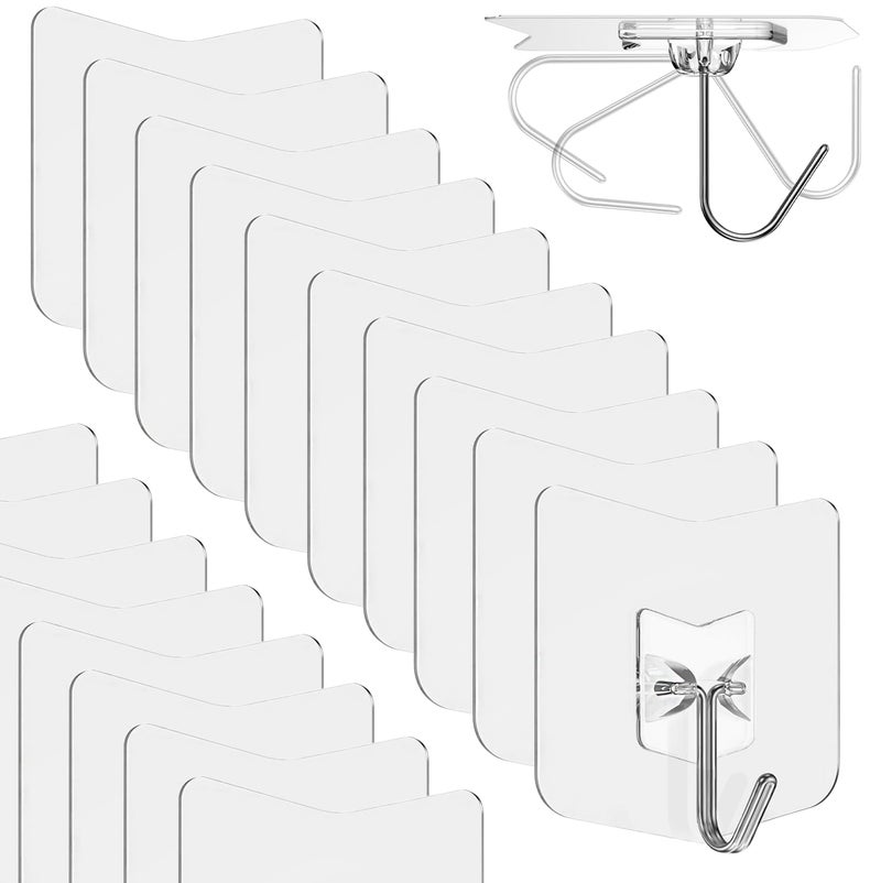 Nano Adhesive Hooks for Hanging 18 Pack, 22 lbs Heavy Duty Wall Hooks 304 Stainless Steel Self Adhesive Towel Hook Waterproof Transparent Sticky Hooks for Kitchen Glass Door (18)