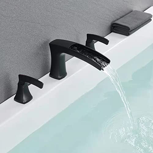 Artiqua Roman Tub Faucet Waterfall Tub Filler Black Deck Mount Bathtub Faucets 3 Hole Brass Bathroom Faucets with 2 Handles - Image 4