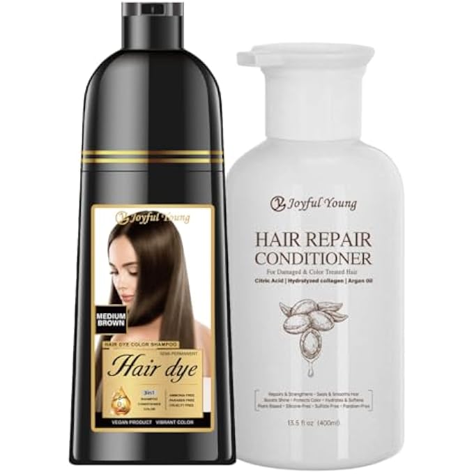 3-in-1 Natural Hair Dye Shampoo & Hair Repair Conditioner Bundle - Gray Coverage & Deep Moisture - Vegan, Sulfate-Free, Color-Safe - Argan Oil, Collagen - 2x400ml (MEDIUM BROWN)