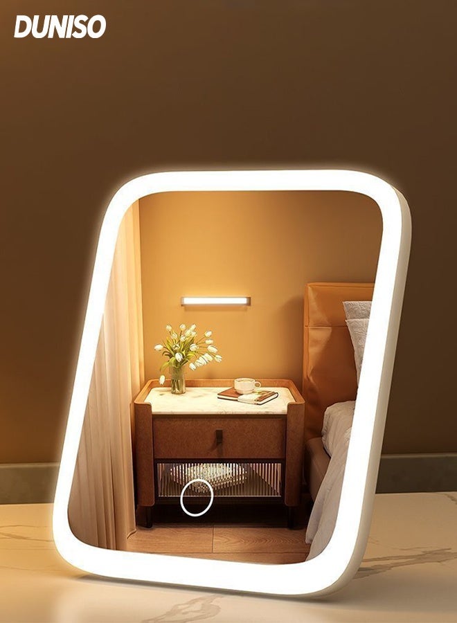DUNISO Rechargeable Makeup Mirror with LED Light,3 Lighting Modes,Portable and Foldable Cosmetic Mirror,Dimmable Touch Screen,for Vanity Desk Table top, Bedroom - Image 1