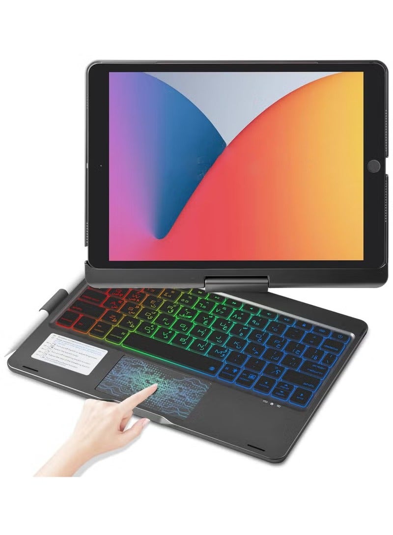 Arabic English Magic Keyboard Case for iPad 10.2 inch 9th Generation 2021/8th Gen 2020/7th Gen 2019/iPad Air 3/iPad Pro 10.5 inch Touch Trackpad, 360° Rotatable,11-Colors Backlit Wireless Keyboard for iPad 7/8/9th 10.2 Air 3 Pro 10.5 Case with Pencil Holder