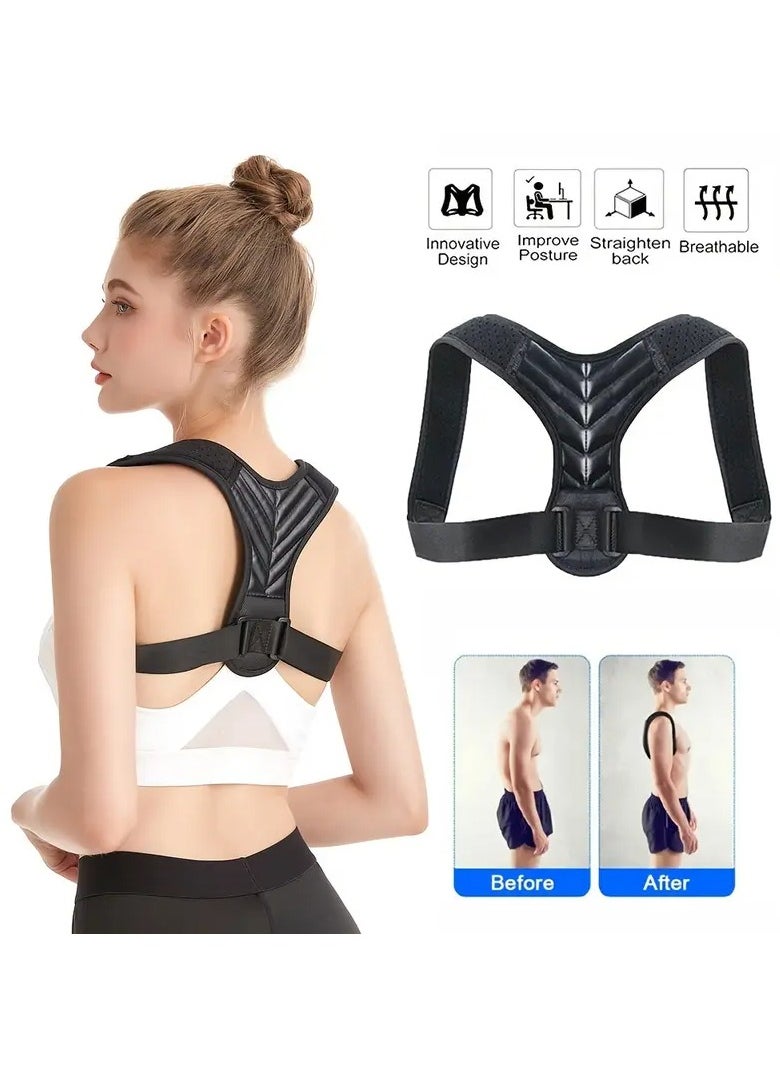 Goolsky 1pc Posture Corrector for Men and Women - Adjustable Back Support Brace with Breathable Faux Leather and Polyester, Durable Buckle, Woven Textile Material, 80%+ Content, Black  - Image 1