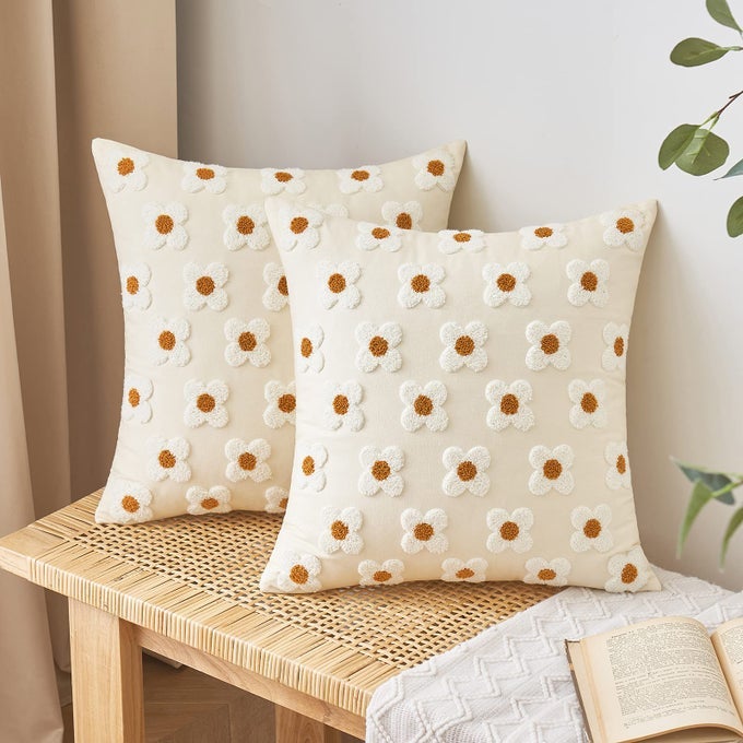 DECORATIVE THROW PILLOW COVERS SUN FLOWER JACQUARD PILLOWCASE CUSHION CASE SQUARE FOR COUCH SOFA BED LIVING ROOM BEDROOM SET OF 2 18X18 INCH BEIGE