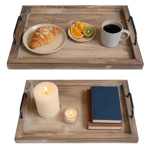 Besti Rustic Vintage Food Serving Trays (Set of 2) | Nesting Wooden Board with Metal Handles | Stylish Farmhouse Decor Serving Platters | Large: 15 x2 x11 - Small: 13 x2 x9 inches (Rustic Burnt) - Image 1