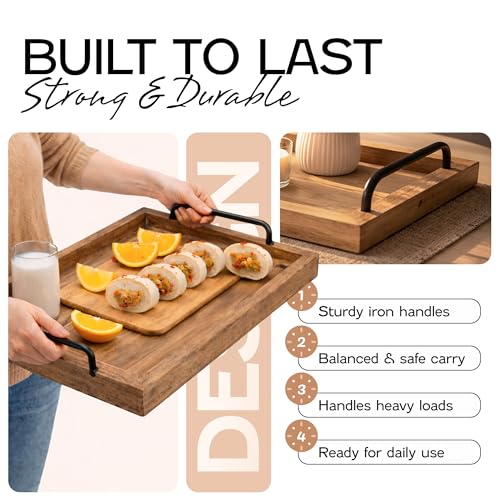 Besti Rustic Vintage Food Serving Trays (Set of 2) | Nesting Wooden Board with Metal Handles | Stylish Farmhouse Decor Serving Platters | Large: 15 x2 x11 - Small: 13 x2 x9 inches (Rustic Burnt) - Image 3