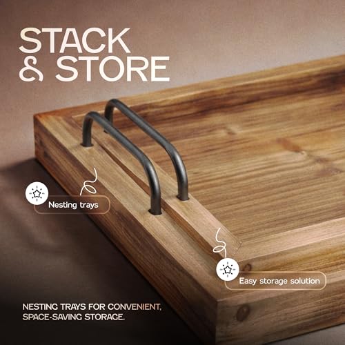 Besti Rustic Vintage Food Serving Trays (Set of 2) | Nesting Wooden Board with Metal Handles | Stylish Farmhouse Decor Serving Platters | Large: 15 x2 x11 - Small: 13 x2 x9 inches (Rustic Burnt) - Image 5