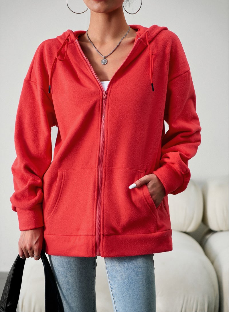 Loquat Autumn And Winter Loose Casual Hoodie Cardigan Hooded Coat Red - Image 1