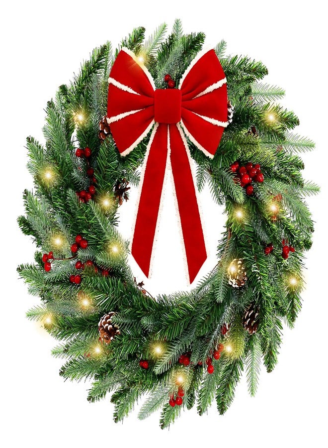 أكاليل عيد الميلاد مقاس 22 بوصة للباب الأمامي، إكليل عيد الميلاد مزين بأضواء، فيونكة حمراء، مخاريط صنوبر، توت، إكليل عطلات صناعي لتزيين الجدران والنوافذ والشرفات الداخلية والخارجية - Image 1