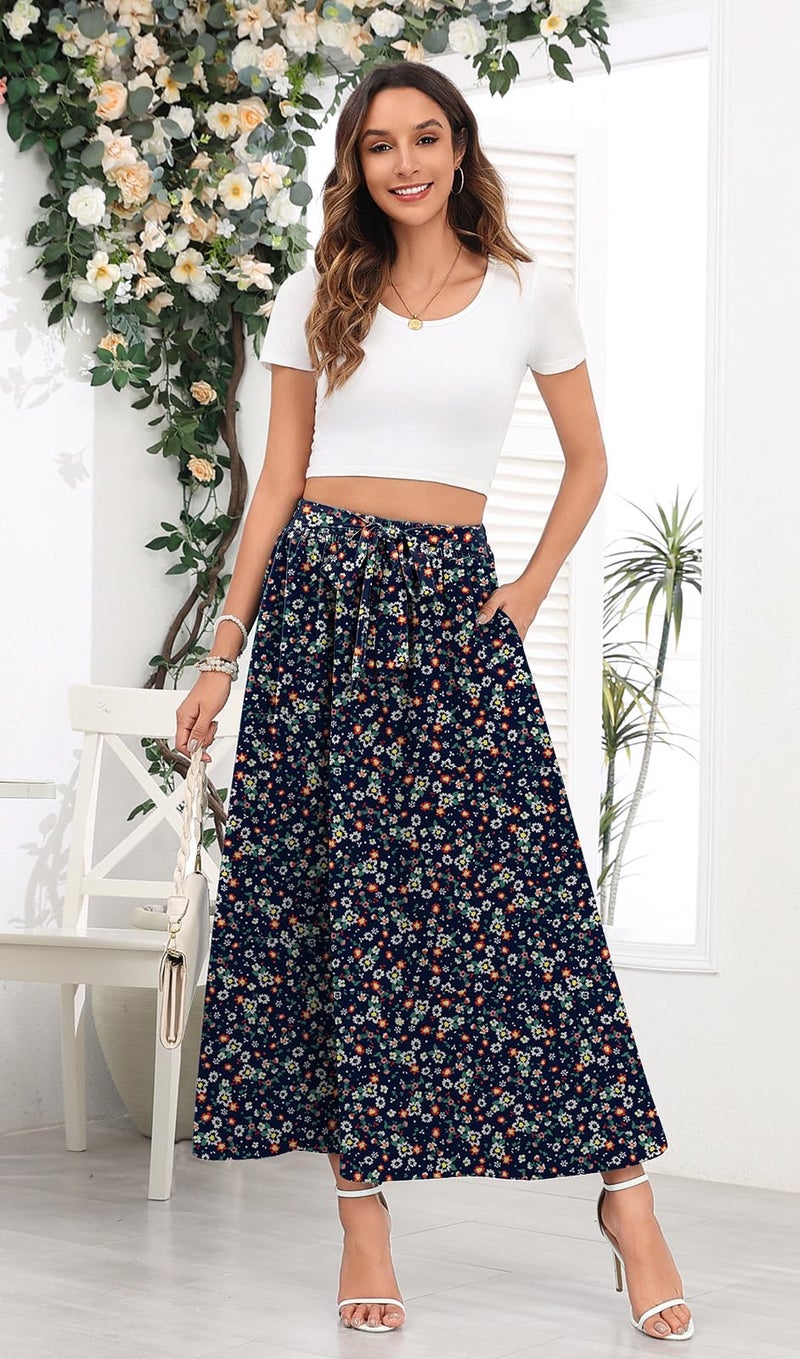 Askyes Womens Skirts 2024 Summer Fashion Trendy Work Tie Knot Flowy Swing Long Skirts with Pockets,Navy Floral,L - Image 2