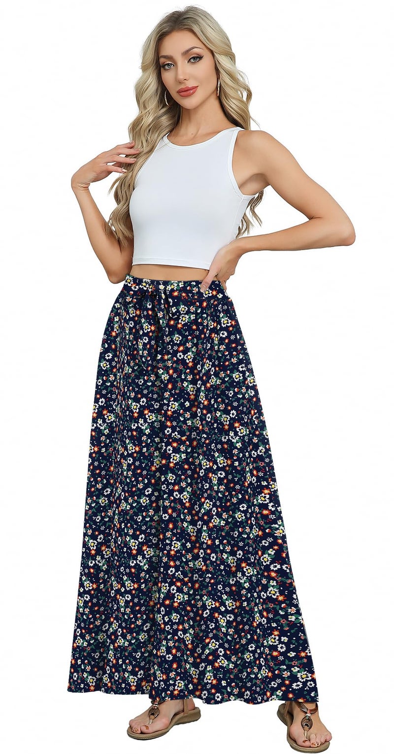 Askyes Womens Skirts 2024 Summer Fashion Trendy Work Tie Knot Flowy Swing Long Skirts with Pockets,Navy Floral,L - Image 4