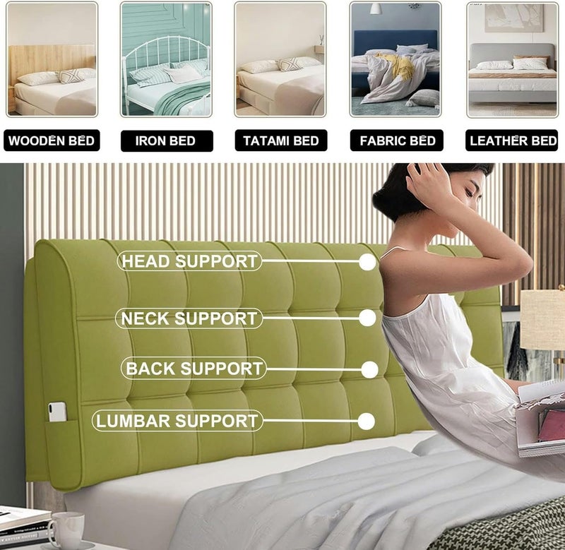AMNOOL Rectangular Headboard Upholstered Wall Mount Pillow Fleece Reading Support Cushion Large Rest Backrest Removable Lumbar Headboard Bolster for Tatami Daybed, Green1 - Image 2