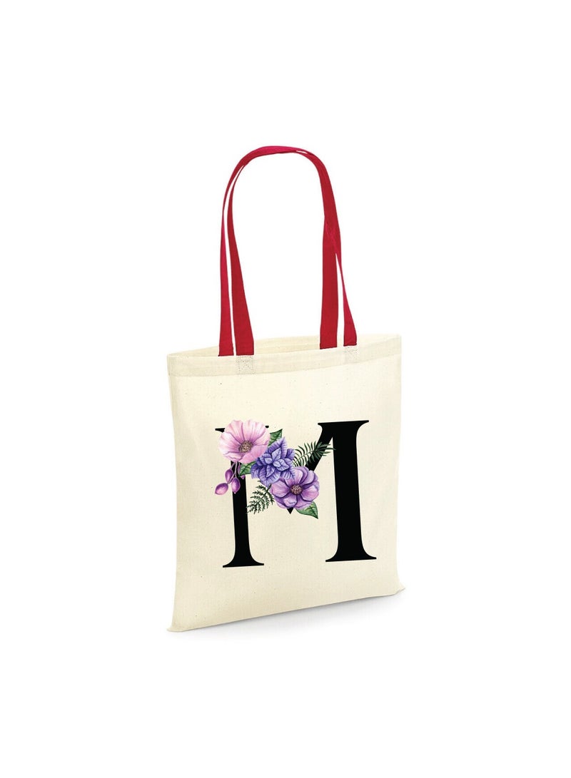 PRINTSHOP4ME Initial Letters Canvas Cotton Tote Bag With Red Handle-Ideal Gifts For Bridesmaids-Party Bag  - Image 1