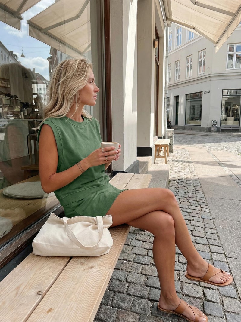 KevaMolly Womens Travel Outfits Summer Lounge Set 2 Pieces Mineral Wash Cotton Tank Top Lined Split Athletic Skirt Set Dark Green M - Image 4
