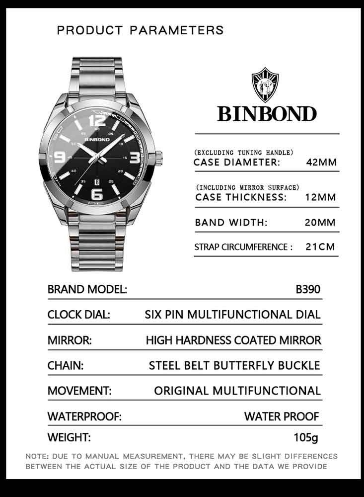 بينبوند ساعة يد رجالية كاجوال عصرية من الكوارتز مقاومة للماء ومضيئة ورياضية للأعمال - Image 4