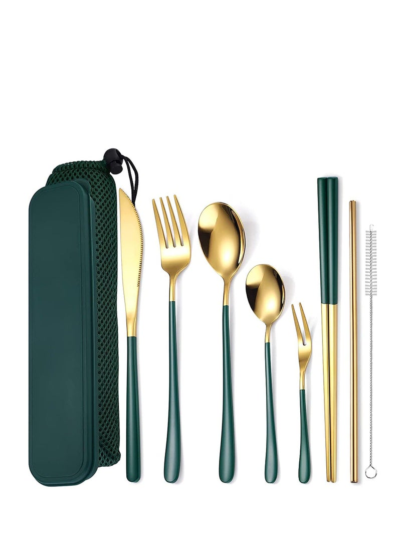 XiuWoo Portable Reusable Cutlery Set, Travel Utensils Set with Case, Stainless Steel Flatware Including Knife Fork Spoon Chopsticks Straws Brush, Dishwasher Safe (8Pcs Green golden)  - Image 1