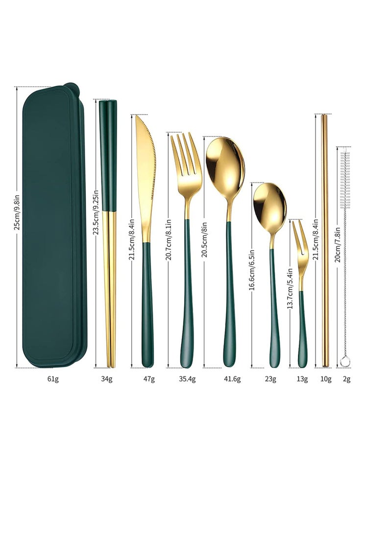 XiuWoo Portable Reusable Cutlery Set, Travel Utensils Set with Case, Stainless Steel Flatware Including Knife Fork Spoon Chopsticks Straws Brush, Dishwasher Safe (8Pcs Green golden)  - Image 2