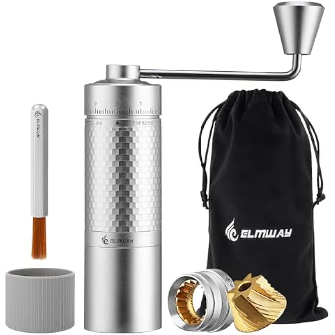 ELMWAY Hc03 Manual Coffee Grinder 7 Star 440 Stainless Steel Titanium Plated Conical Burr Simple External Adjustable Grinding Settings Espresso To French Press AllMetal Body Coffee GrinderSilver - Image 1