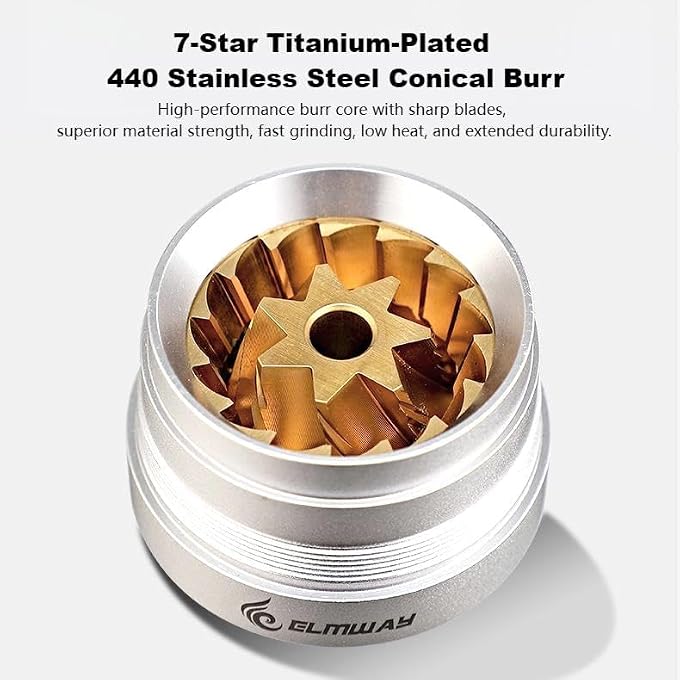 ELMWAY Hc03 Manual Coffee Grinder 7 Star 440 Stainless Steel Titanium Plated Conical Burr Simple External Adjustable Grinding Settings Espresso To French Press AllMetal Body Coffee GrinderSilver - Image 3