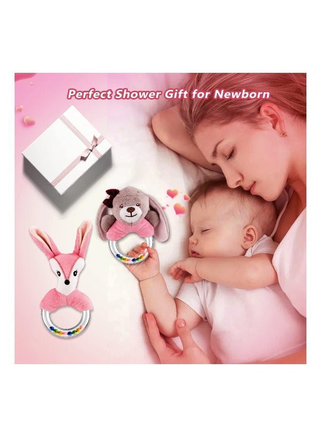 2PCS Baby Rattle Toys for 0-12 Months, Newborn Baby Rattles Teething Ring Sensory Plush Toy Ring Rattle Toy Shower Gift Sensory Plush Toy Set for 0 3 6 9 12 Month Infant Boys Girls (Fox/Rabbit)  - Image 1