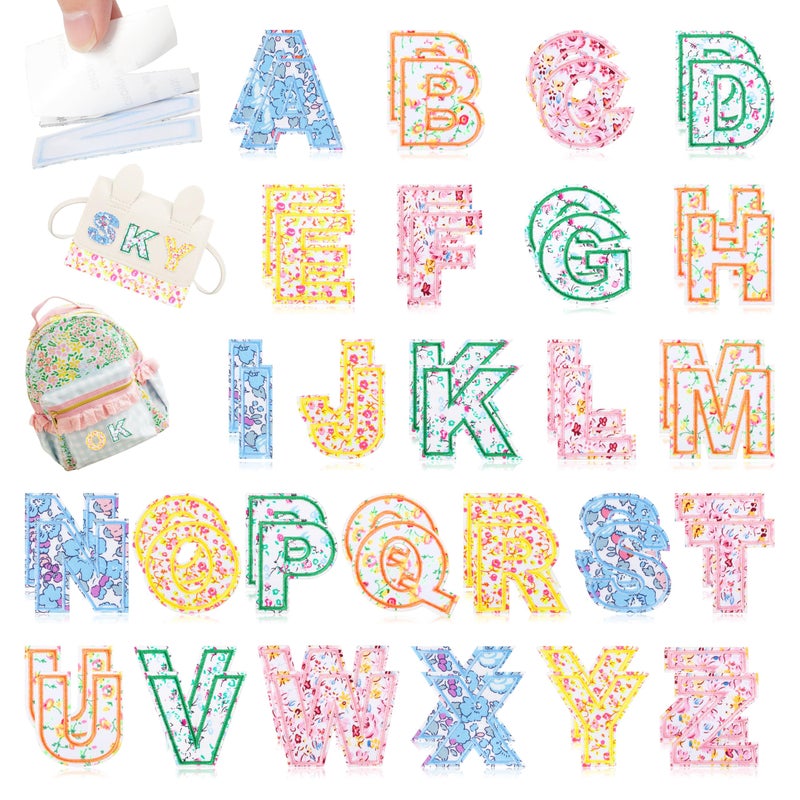 NICEVINYL Self-Adhesive Letter Patches for Kids Bags: NICEVINYL 52PCS Floral Fabric Varsity Letters Stick on Patches for Caps - Colorful A-Z Alphabet Sticker for Clothing Jackets Jeans - Image 1