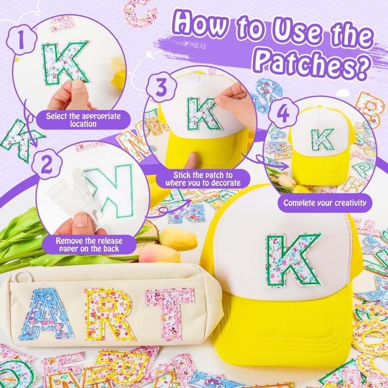 NICEVINYL Self-Adhesive Letter Patches for Kids Bags: NICEVINYL 52PCS Floral Fabric Varsity Letters Stick on Patches for Caps - Colorful A-Z Alphabet Sticker for Clothing Jackets Jeans - Image 5