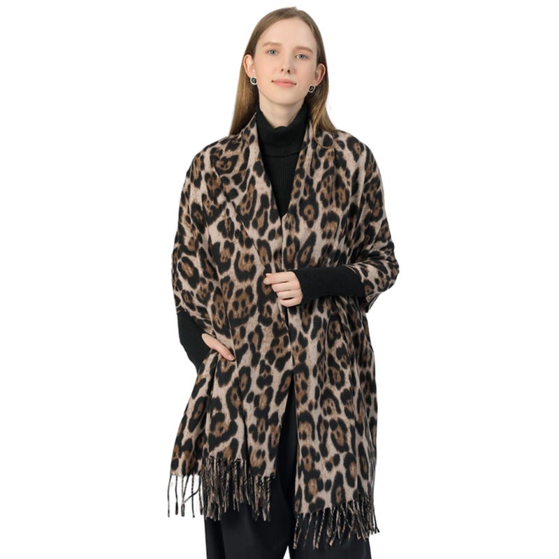 CXQRR Women Fashion Leopard Pashmina Winter Cashmere Scarf Soft Long Double-sided Style Tassels Oversize Warm Shawl Scarves Wraps - Image 4