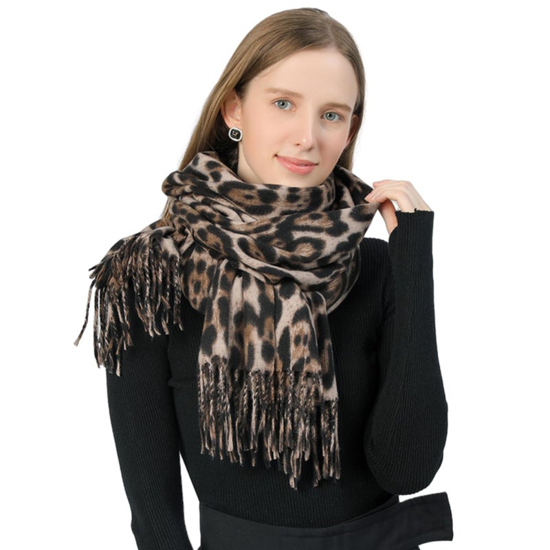 CXQRR Women Fashion Leopard Pashmina Winter Cashmere Scarf Soft Long Double-sided Style Tassels Oversize Warm Shawl Scarves Wraps - Image 3