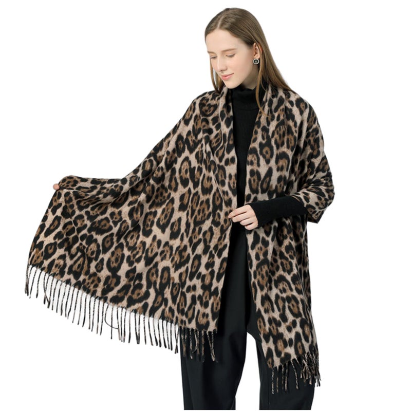 CXQRR Women Fashion Leopard Pashmina Winter Cashmere Scarf Soft Long Double-sided Style Tassels Oversize Warm Shawl Scarves Wraps - Image 1