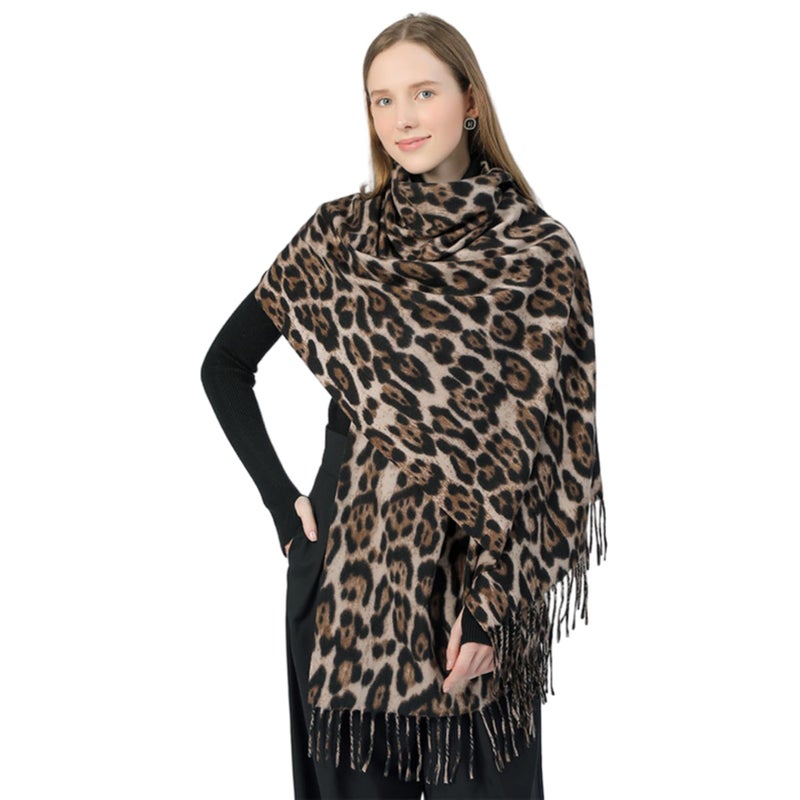 CXQRR Women Fashion Leopard Pashmina Winter Cashmere Scarf Soft Long Double-sided Style Tassels Oversize Warm Shawl Scarves Wraps - Image 2