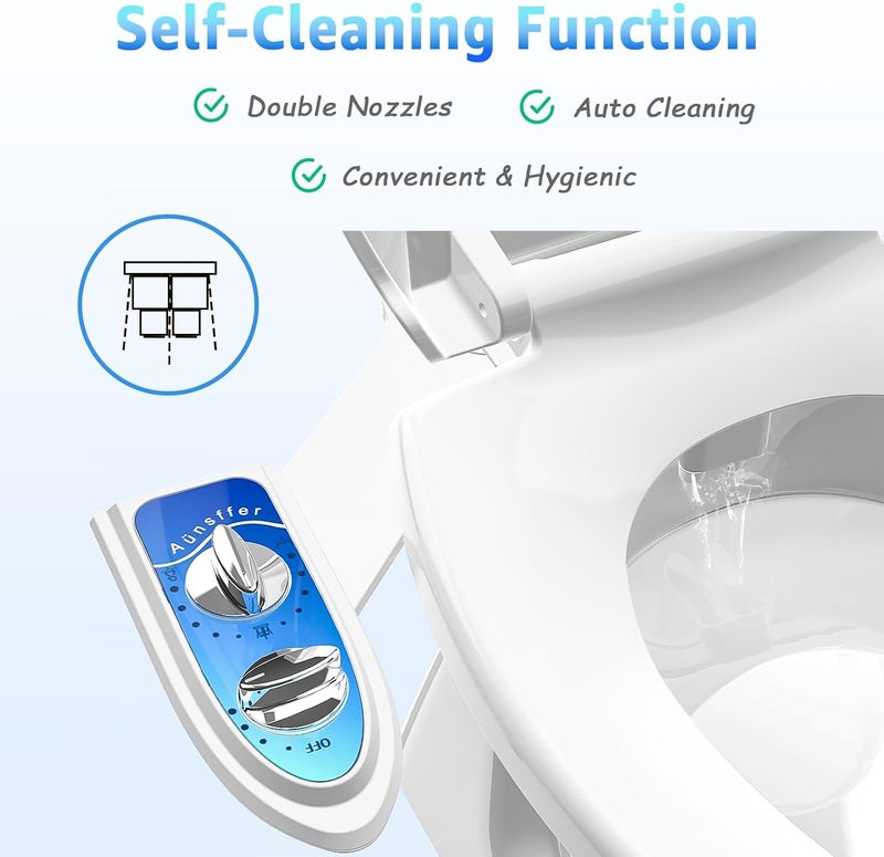 Aünsffer Bidet Attachment for Toilet, Non-Electric Fresh Cold Water, Toilet Bidet with Dual Nozzles Sprayer, Adjustable Water Pressure Control, 3 Modes Wash (Feminine/Bidet Wash + Self-Cleaning) - Image 4