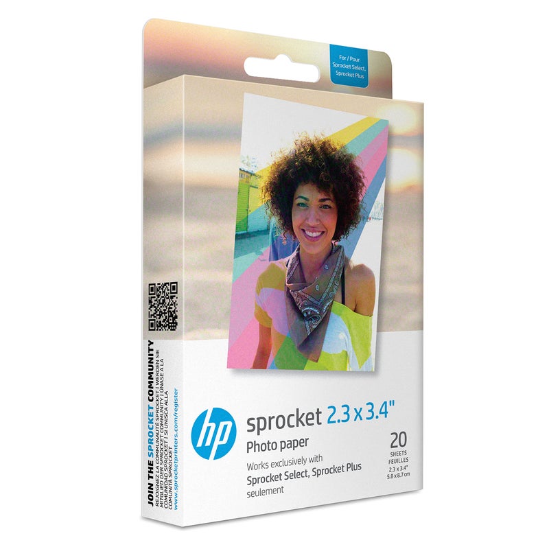 ورق صور HP Sprocket مقاس 2.3 × 3.4 Premium Zink لاصق خلفي (20 ورقة) متوافق مع طابعات HP Sprocket Select وPlus.