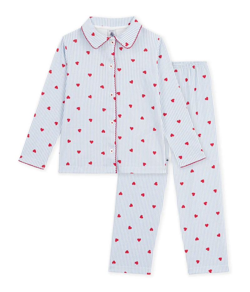 Petit Bateau Children's Buttoned Heart Pattern Cotton Pyjamas