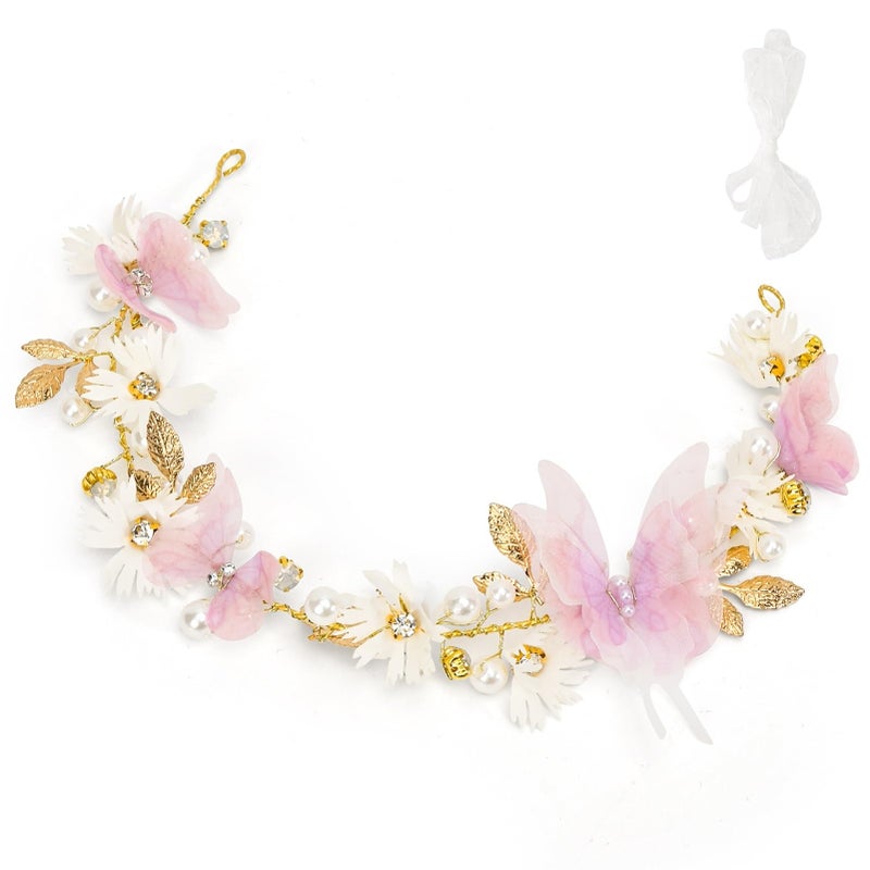 Vividsun Butterfly Headbands Flower Girl Hair Accessory with Pearls Butterfly Tiara for Christmas Birthday Cosplay Headpiece (Pink and gold) - Image 3