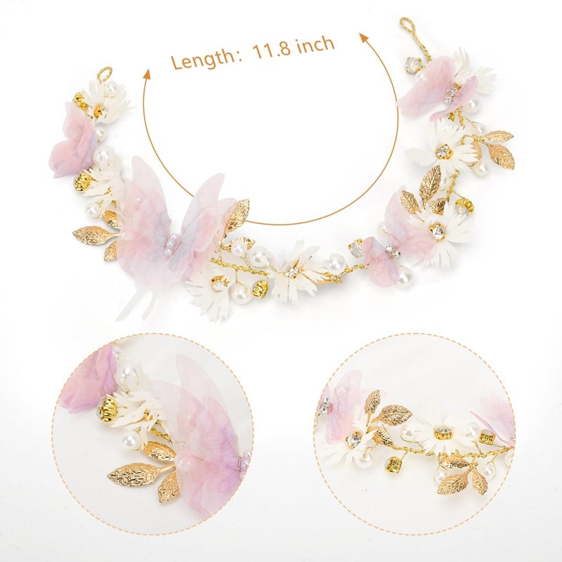 Vividsun Butterfly Headbands Flower Girl Hair Accessory with Pearls Butterfly Tiara for Christmas Birthday Cosplay Headpiece (Pink and gold) - Image 2