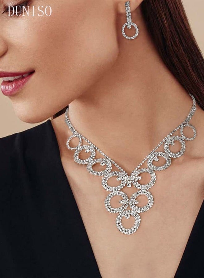 DUNISO 2 Piece Necklace Earrings Set, Full Diamond V Neck Necklace, Crystal Earrings, Wedding Prom Jewelry Sets, Bridesmaid Party Choker Necklace for Women and Girls Dress Accessories - Image 1