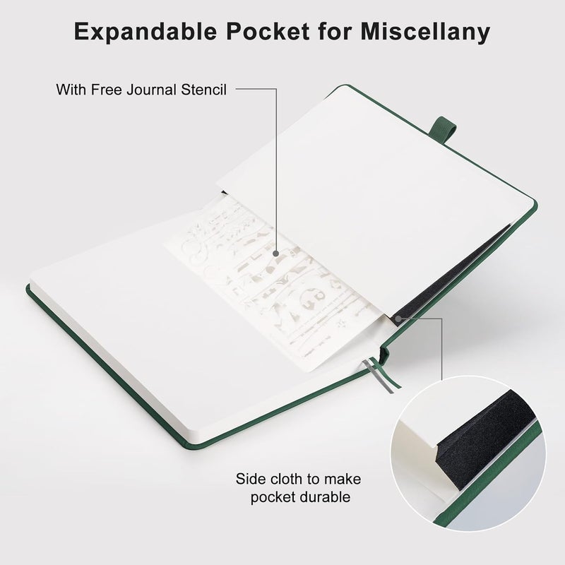EMSHOI A5 Notebook, Hardcover Dotted Journal, 160 Pages, 120GSM, Dark Green | 120GSM Thick Paper, PU Leather Dot Notebook with Stencils & Inner Pocket for Bullet Journaling, 14.5 x 21cm - Image 5