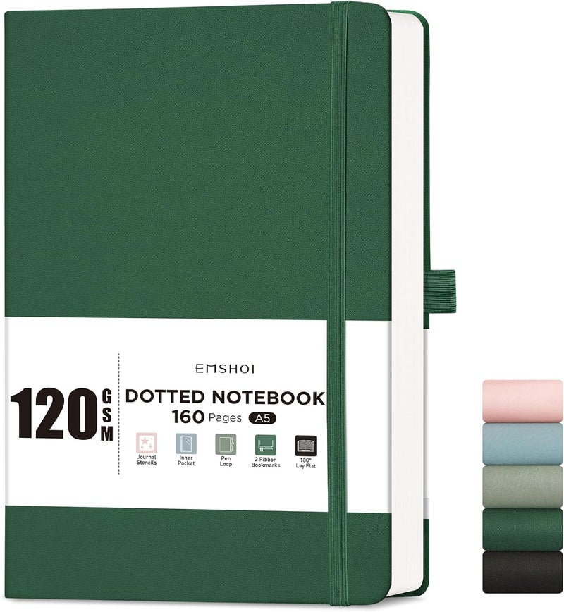 EMSHOI A5 Notebook, Hardcover Dotted Journal, 160 Pages, 120GSM, Dark Green | 120GSM Thick Paper, PU Leather Dot Notebook with Stencils & Inner Pocket for Bullet Journaling, 14.5 x 21cm - Image 1