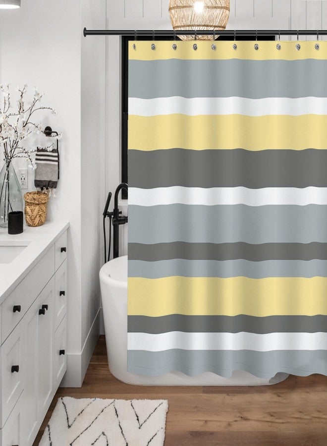 Sunlit Yellow Gray Horizontal Stripes Water-Repellent Fabric Shower Curtain with Reinforced Metal Grommets Refreshing Striped Design Bathroom Decor - Image 3