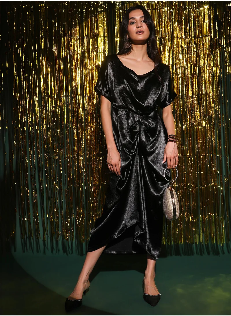 PINACOLADA Women's Midnight Black Draped Satin Dress