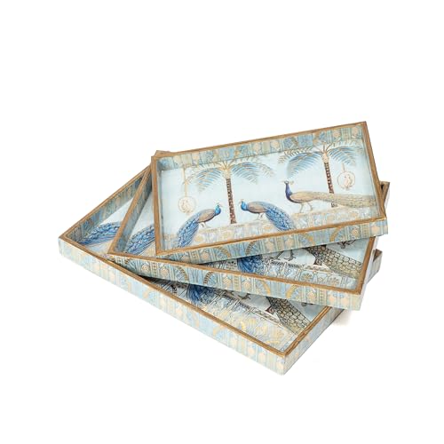 DULI Set of 3 MDF Wood Trays Enamel Coated| Rectangle Trays Set of 3 | Serving Trays | Wooden Tray | Kitchen&Dining Decorative | Resin Tray | 12x8 11x7 & 10x6 inches (SmSetof3Rct-BlueGoldenPeacock) - Image 2