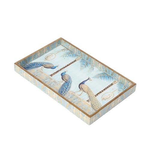 DULI Set of 3 MDF Wood Trays Enamel Coated| Rectangle Trays Set of 3 | Serving Trays | Wooden Tray | Kitchen&Dining Decorative | Resin Tray | 12x8 11x7 & 10x6 inches (SmSetof3Rct-BlueGoldenPeacock) - Image 3