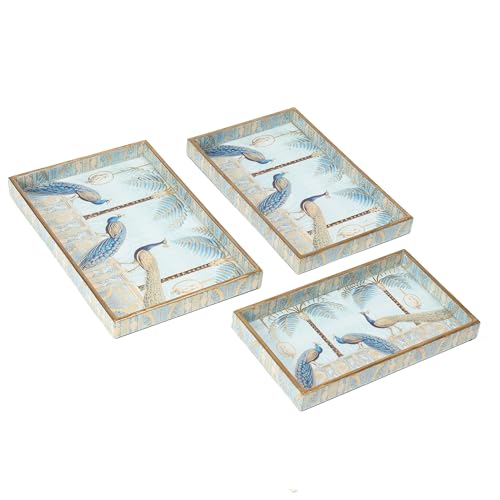DULI Set of 3 MDF Wood Trays Enamel Coated| Rectangle Trays Set of 3 | Serving Trays | Wooden Tray | Kitchen&Dining Decorative | Resin Tray | 12x8 11x7 & 10x6 inches (SmSetof3Rct-BlueGoldenPeacock) - Image 5