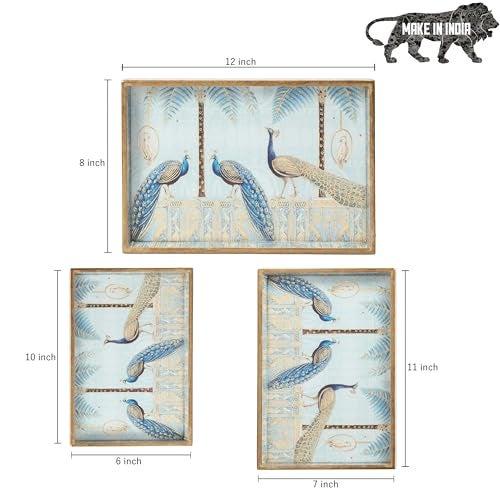 DULI Set of 3 MDF Wood Trays Enamel Coated| Rectangle Trays Set of 3 | Serving Trays | Wooden Tray | Kitchen&Dining Decorative | Resin Tray | 12x8 11x7 & 10x6 inches (SmSetof3Rct-BlueGoldenPeacock) - Image 4
