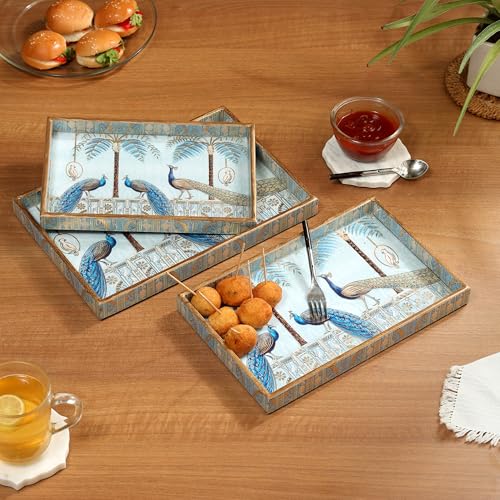 DULI Set of 3 MDF Wood Trays Enamel Coated| Rectangle Trays Set of 3 | Serving Trays | Wooden Tray | Kitchen&Dining Decorative | Resin Tray | 12x8 11x7 & 10x6 inches (SmSetof3Rct-BlueGoldenPeacock) - Image 1