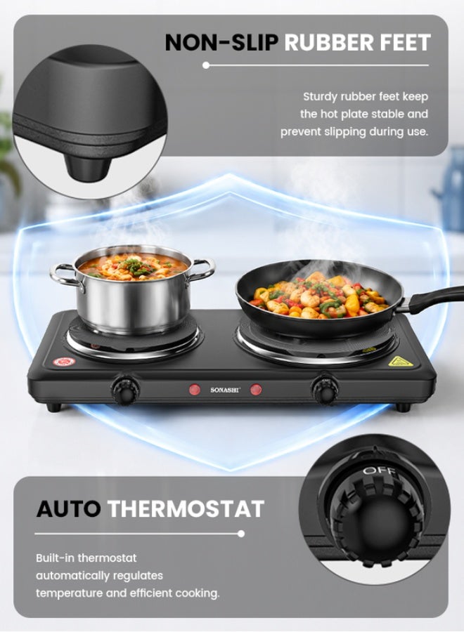 سوناشي طبق تسخين كهربائي مزدوج 2500 W SHP-613 أسود - Image 4
