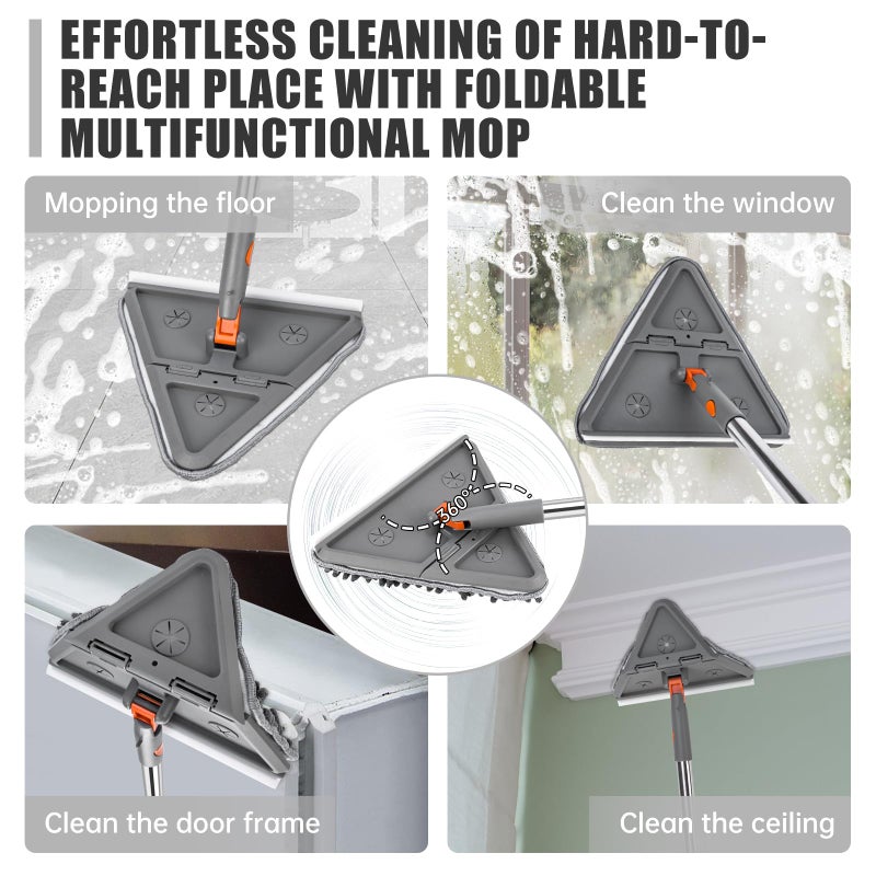CALBEAU Baseboard Cleaner Tool with Handle, Folding Wall Mop with 86" Extension Pole, Swivel Wall Cleaner Mop with Squeegee, 8 Reusable Pads for Baseboard, Wall, Ceiling, Window, Floor, Furniture - Image 3